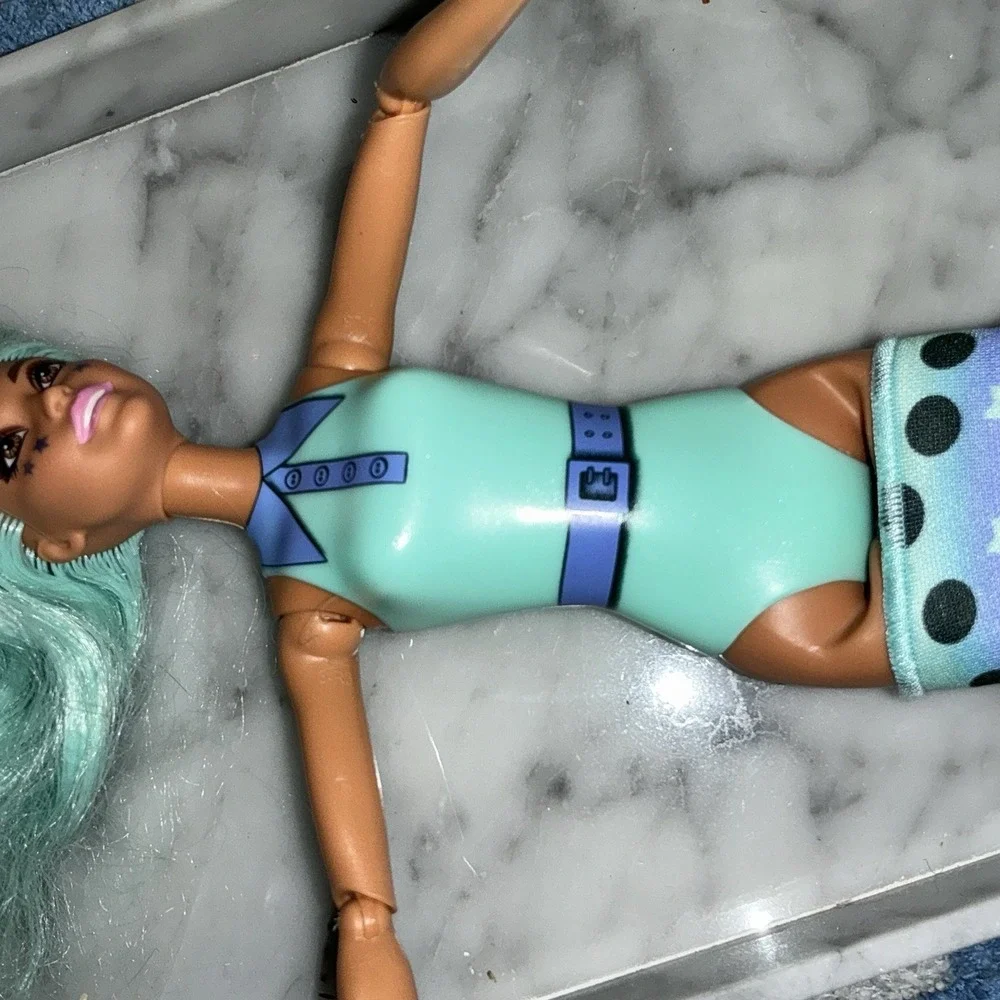 Articulated Barbie Bubble Tea Doll Mint Green Blue Long Blue Hair Star Tattoos